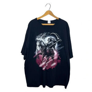 Y2K Grim Reaper Horse Graphic Tee Halloween Black Oversized T-Shirt Men’s 3XL